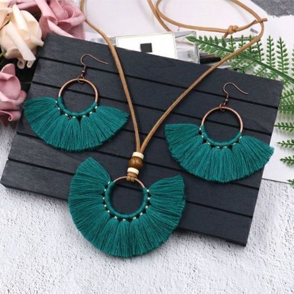 Jewelry - Boho Tassel Necklace & Earrings Set Fan Fringe Statement Festival Jewelry